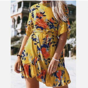 Cupshe Yellow Floral Mini Short Sleeve Dress Women's Size Small Beach Summer